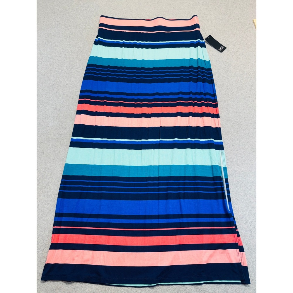 NWT a.n.a. Women Large Multi Stripe Maxi Skirt Pull On Stretch Waist Slit Summer